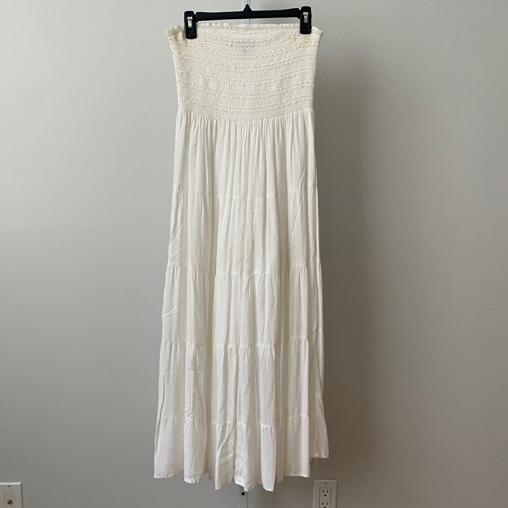 Nation AK Outfits Rayon Boho Coastal Smocked Tiered Maxi Dress Small White